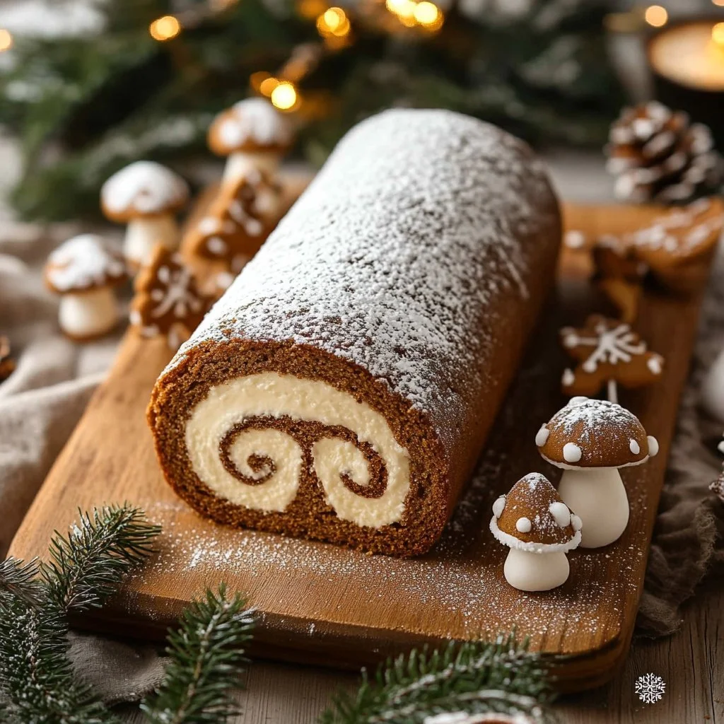 Gingerbread Swiss Cake Roll decorated with festive icing and spice hints