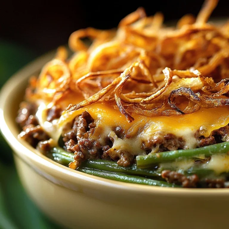 Delicious Hamburger Green Bean Casserole served in a baking dish.