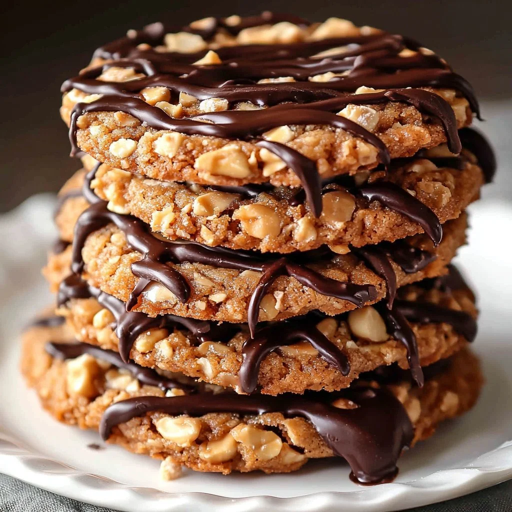 Homemade Samoas cookies topped with caramel and chocolate.