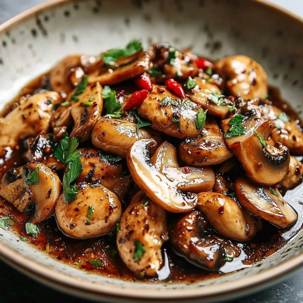 Honey Garlic Chicken with Mushrooms served on a plate