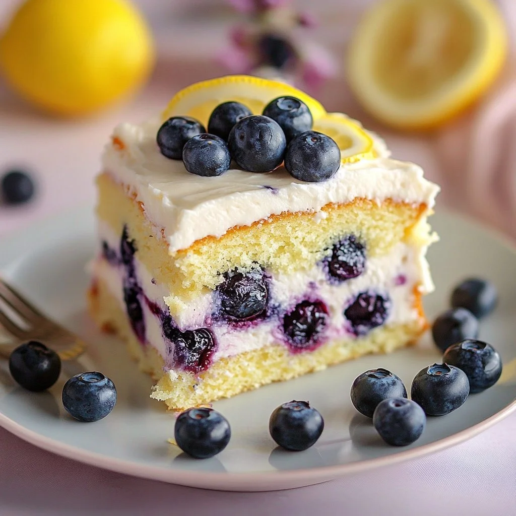 Delicious lemon blueberry sheet cake topped with fresh blueberries and lemon zest.