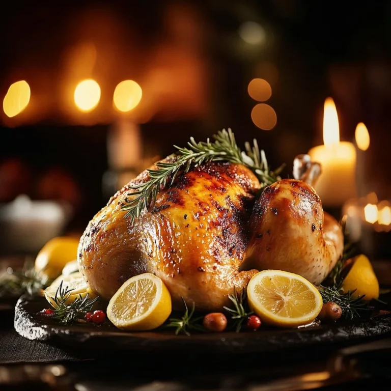 Lemon Garlic Roast Chicken plated with herbs and lemon slices