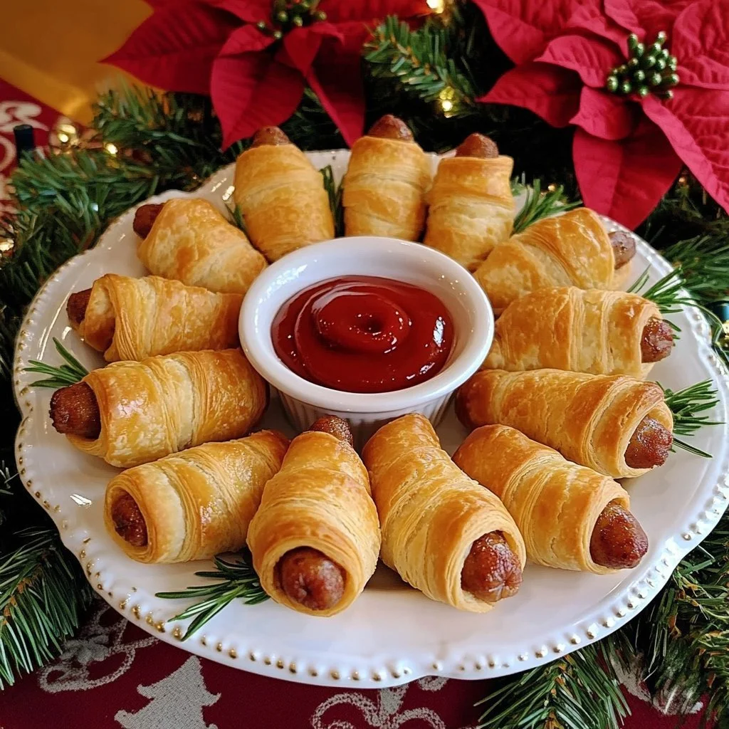 A delicious mini sausage wreath appetizer decorated for the holidays