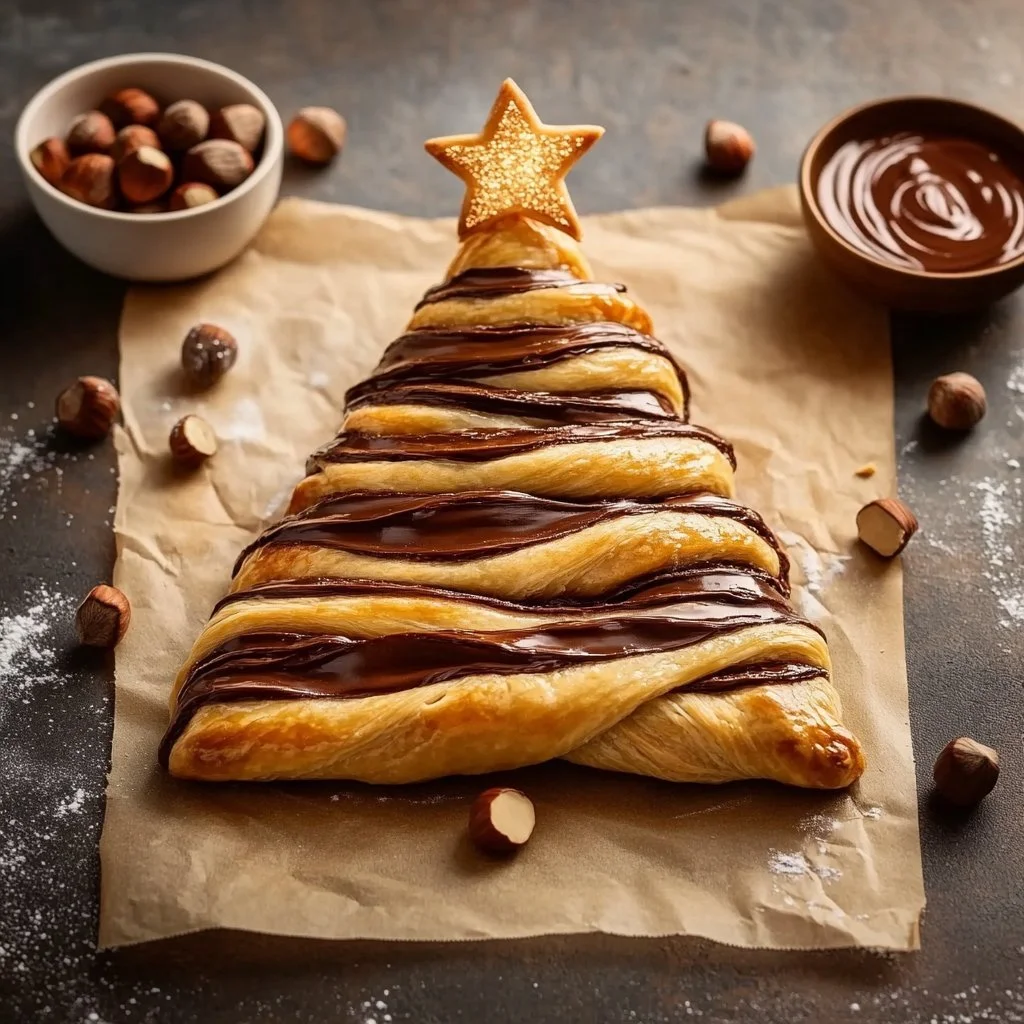 Nutella Christmas Tree Puff Pastry decorated for the holidays
