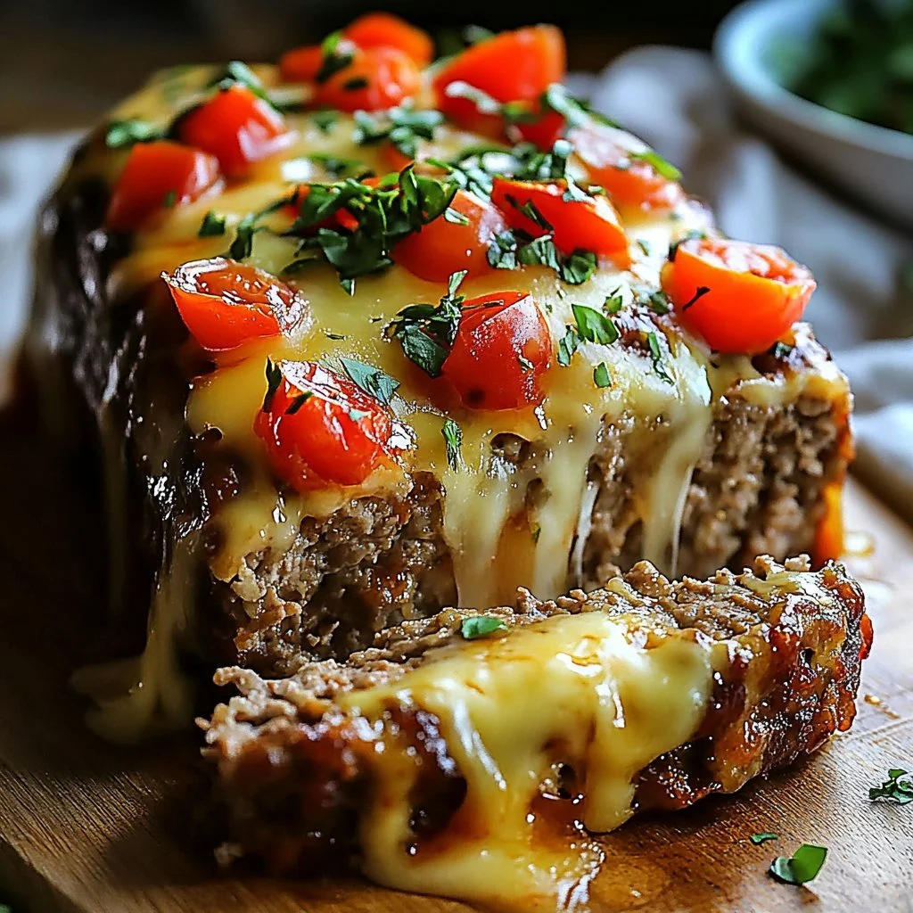 Philly Cheesesteak Meatloaf garnished and ready to serve