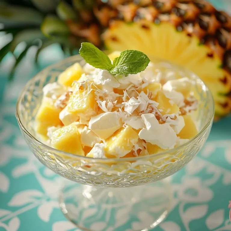 Delicious Pina Colada Fluff dessert in a bowl with tropical garnish.