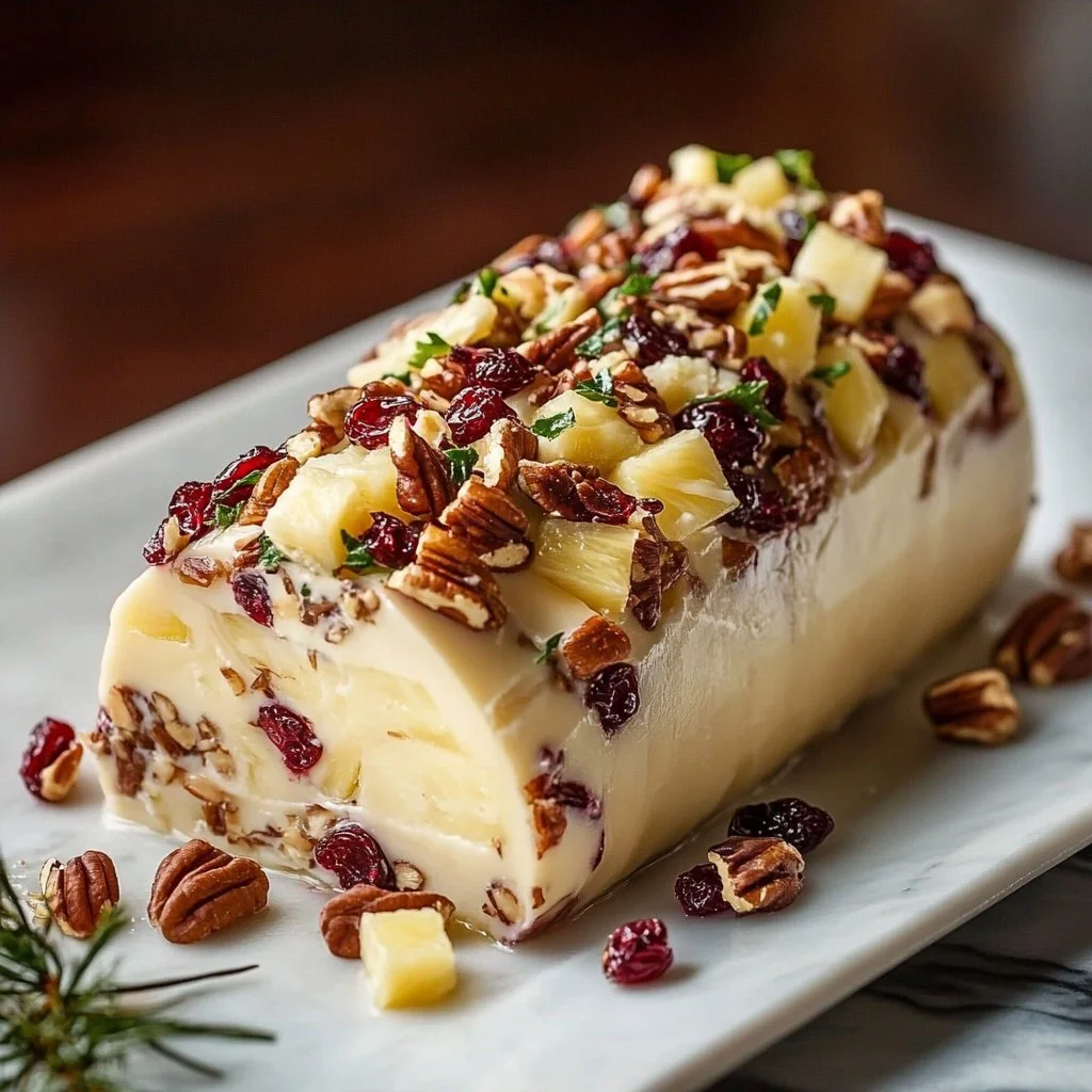 Pineapple Cranberry Holiday Cheese Log on a festive platter