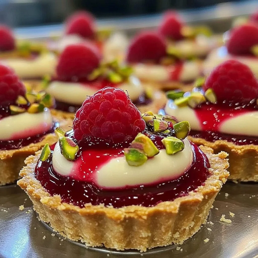Raspberry & white chocolate tartlets beautifully arranged on a plate.