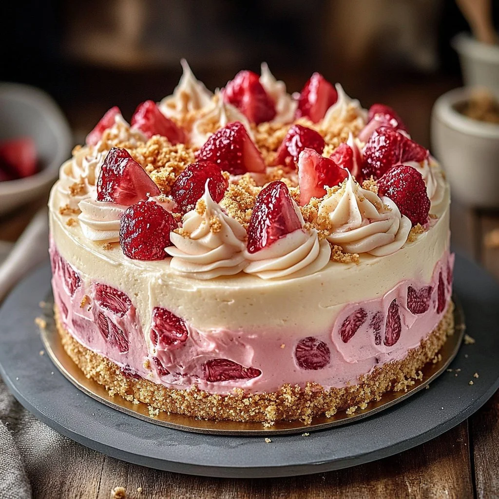 Rhubarb Ginger Nut Cheesecake topped with fresh rhubarb slices and ginger crumbs