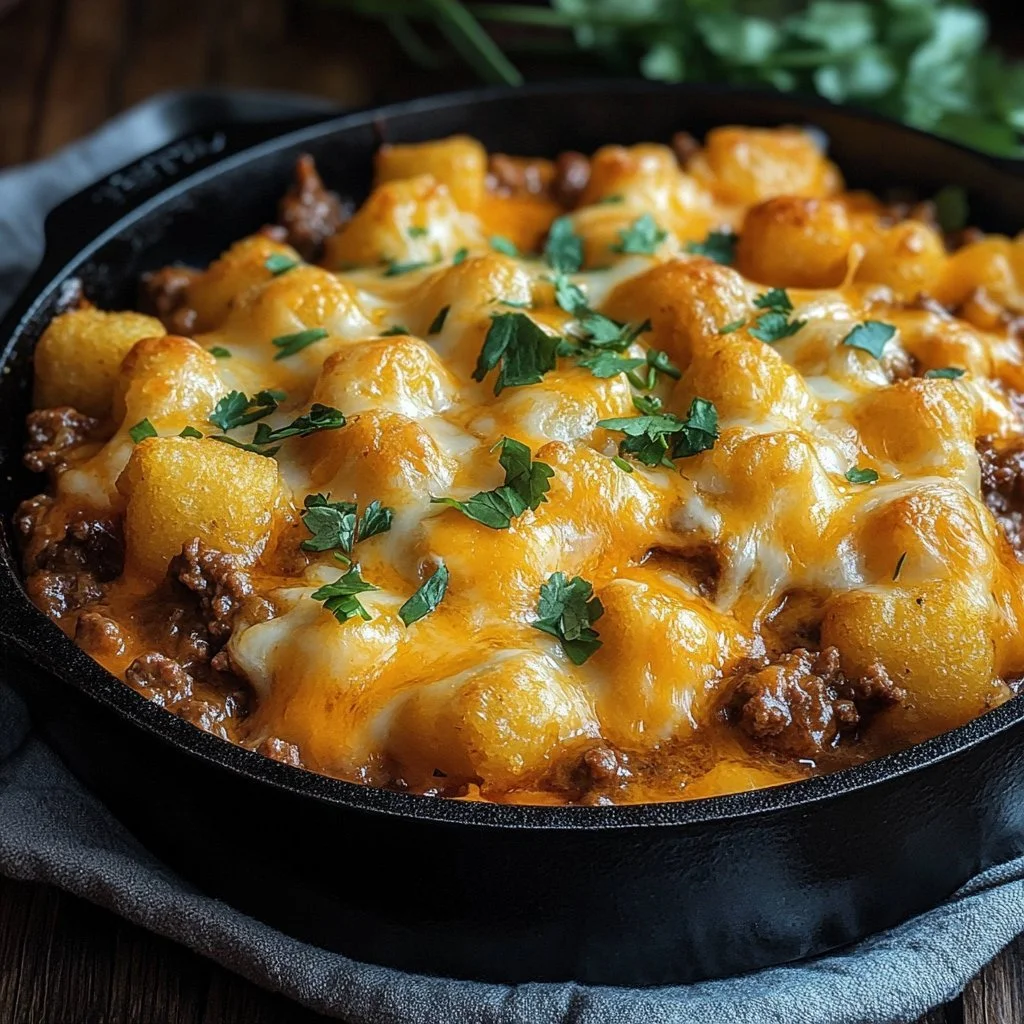 Delicious Sloppy Joe Tater Tot Casserole served in a baking dish