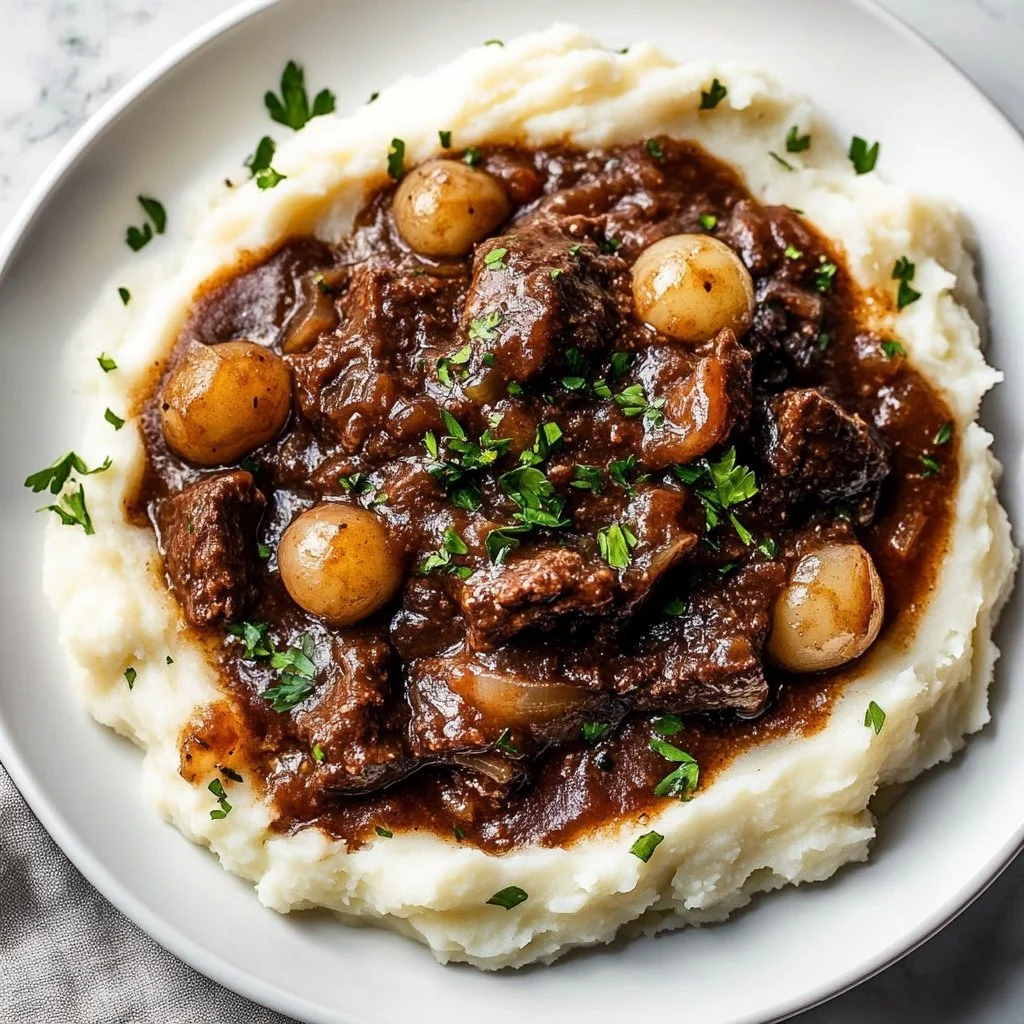 Slow cooker beef tips with mushrooms served on a plate