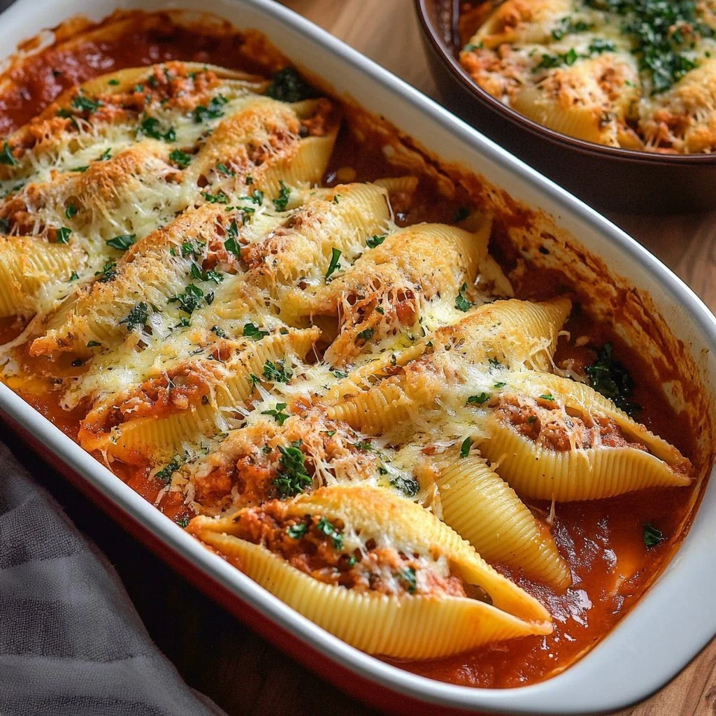 Delicious stuffed shells filled with sausage in a creamy spinach sauce