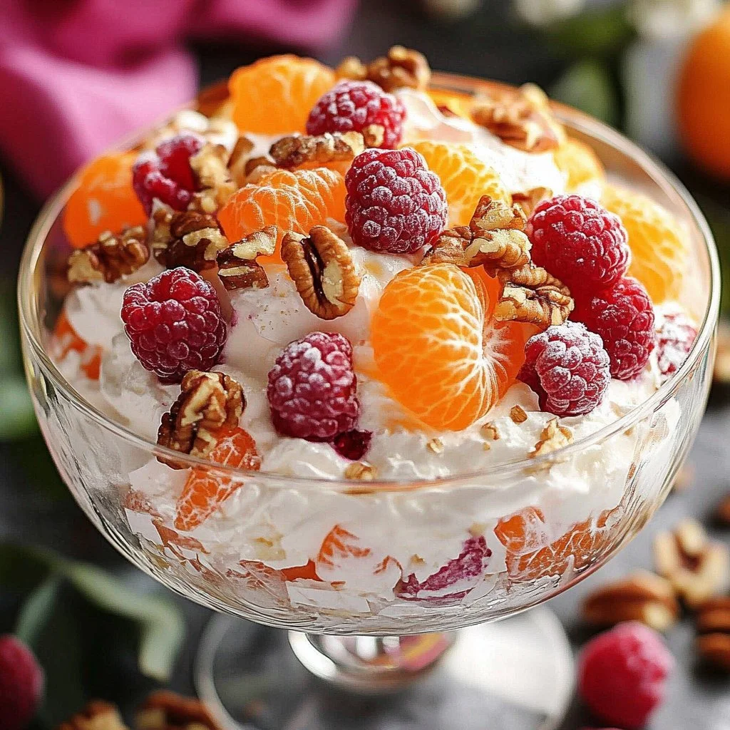 Delicious bowl of ambrosia salad with fruits and marshmallows