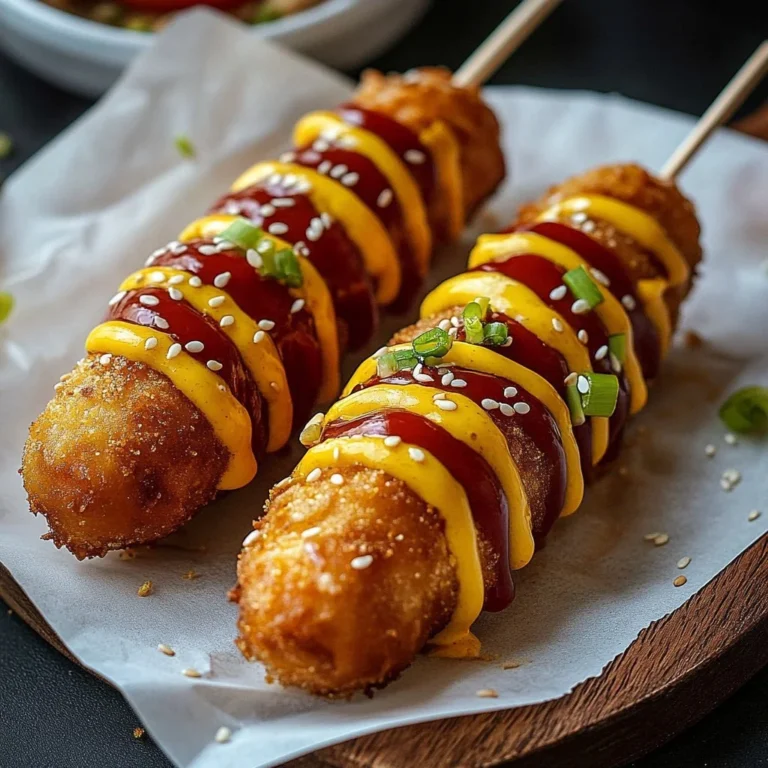 Homemade Korean corn dog served with mustard and ketchup on a wooden table