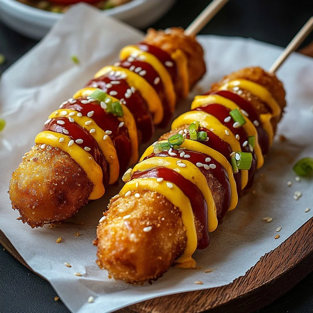 Homemade Korean corn dog served with mustard and ketchup on a wooden table