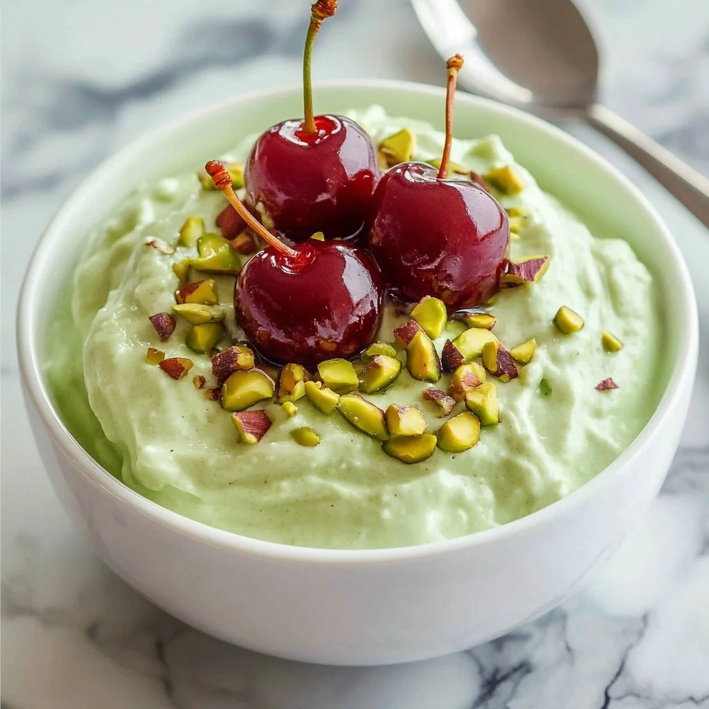 Bowl of Watergate Salad with green marshmallow fluff and cherries.