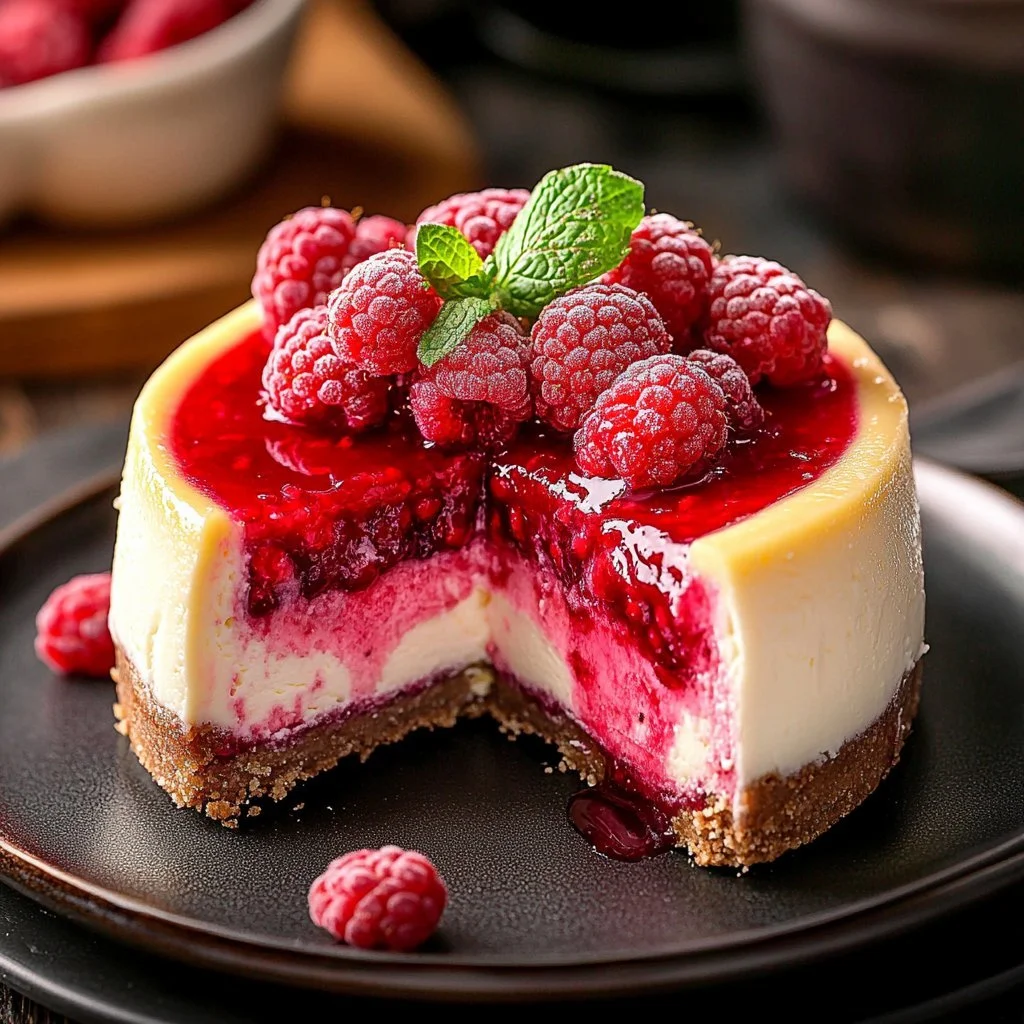 Delicious white chocolate raspberry cheesecake topped with fresh raspberries