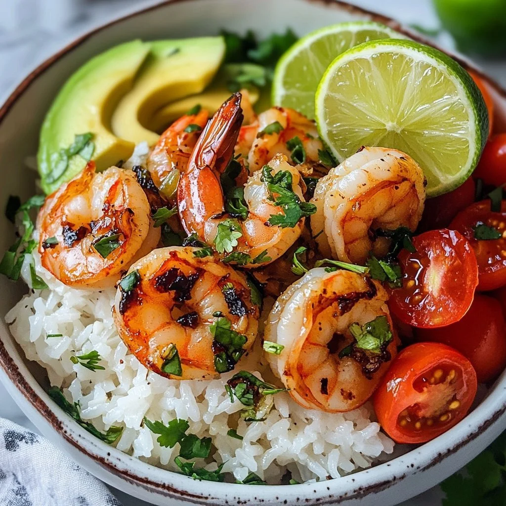 Zesty shrimp avocado rice bowls topped with fresh ingredients